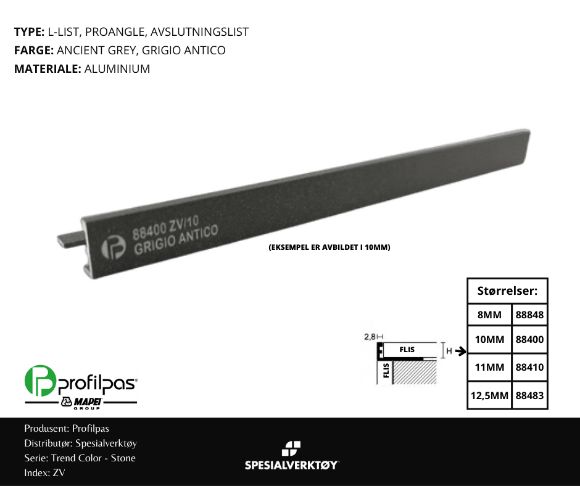Bilde av AVSLUTNINGSLIST ZV/10 STONE ALUMINIUM ANCIENT GREY 10MMX270CM, PROFILPAS