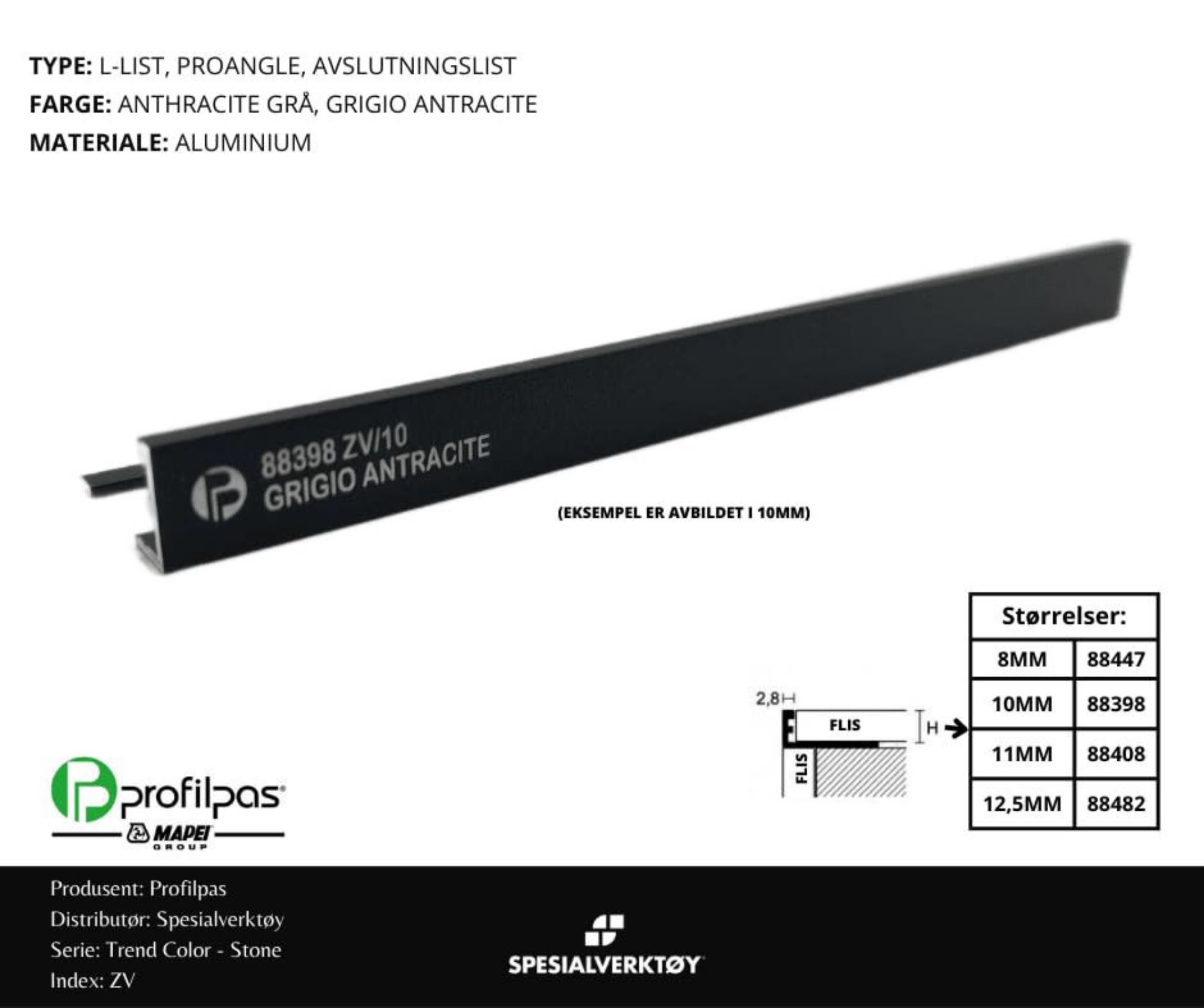 Bilde av AVSLUTNINGSLIST ZV/11 STONE ALUMINIUM ANTRACITE GREY 11MMX270CM, PROFILPAS