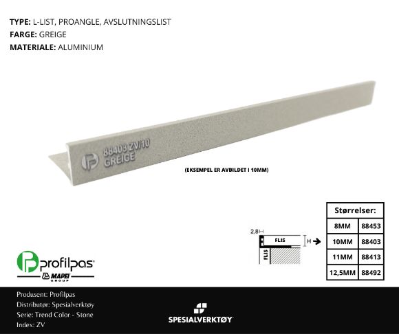 Bilde av AVSLUTNINGSLIST ZV/11 STONE ALUMINIUM GREIGE 11MMX270CM, PROFILPAS