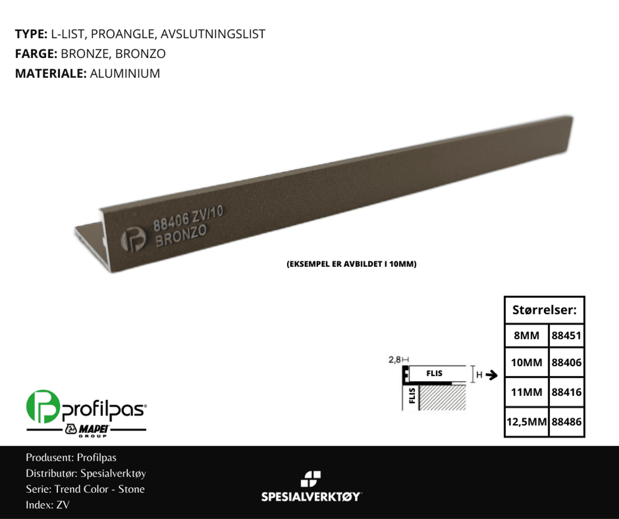 Bilde av AVSLUTNINGSLIST ZV/11 STONE ALUMINIUM BRONZE 11MMX270CM, PROFILPAS