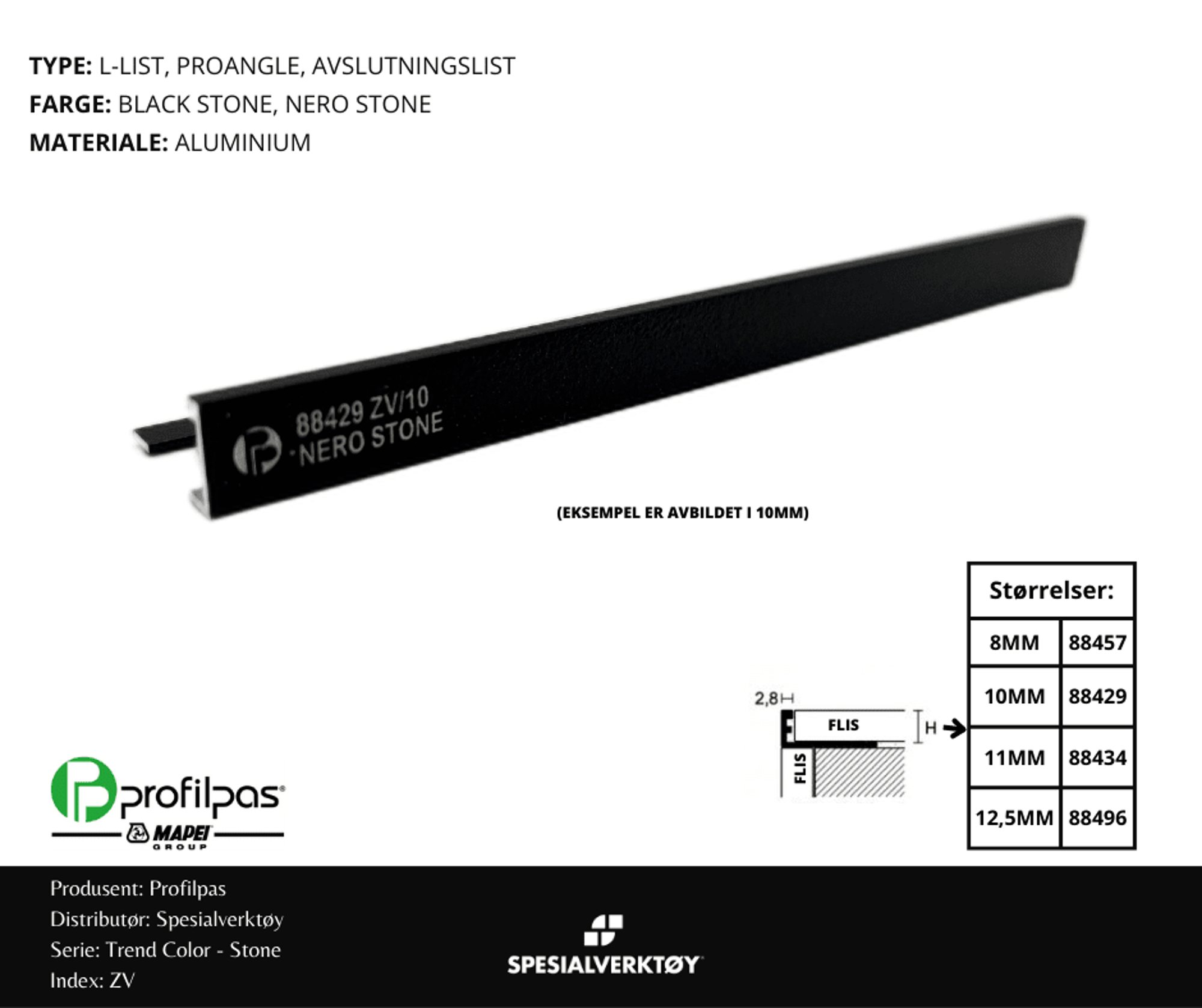 Bilde av AVSLUTNINGSLIST ZV/10 STONE ALUMINIUM BLACK ST 10MMX270CM, PROFILPAS