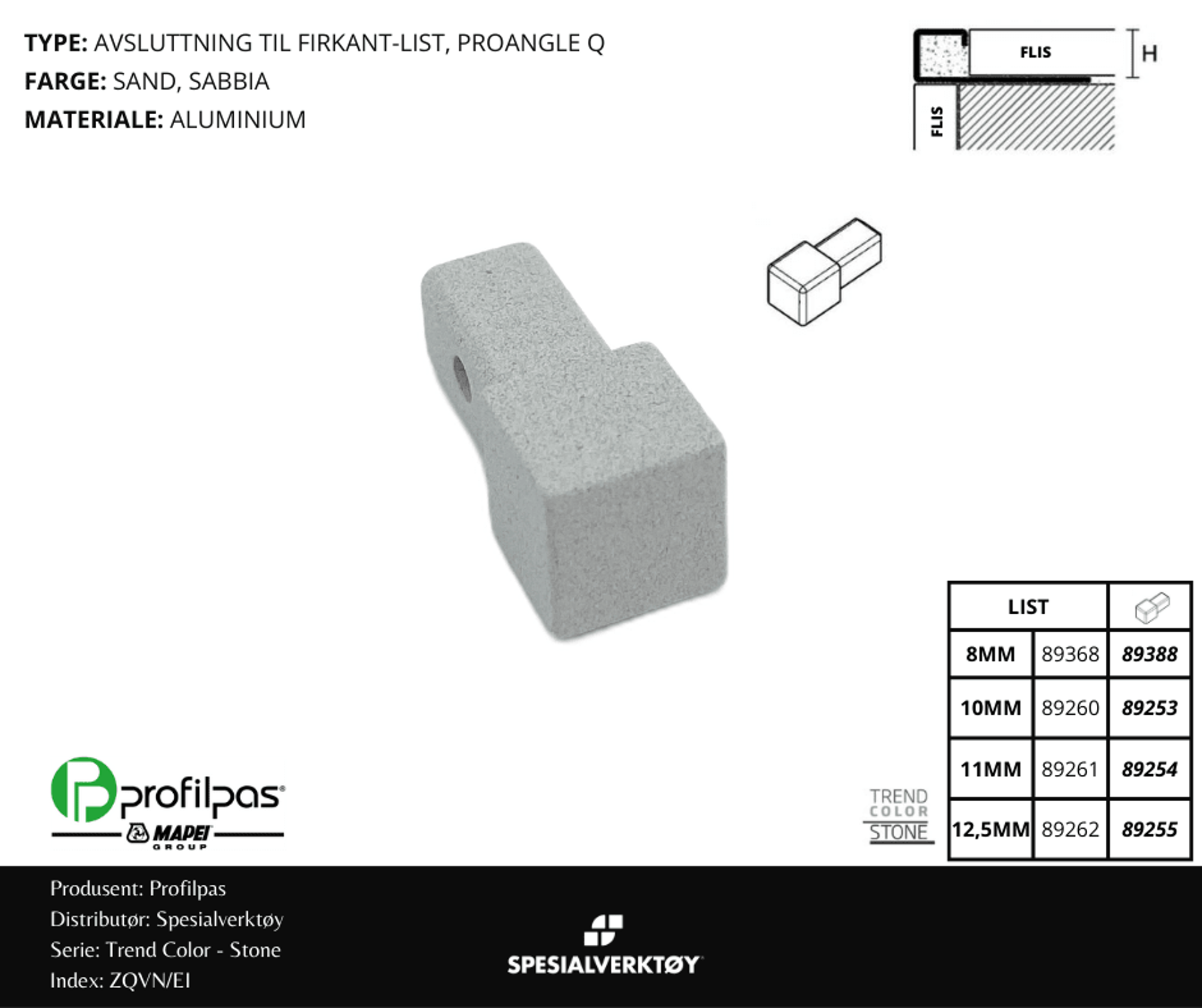 Bilde av 2/3 VEIS HJØRNE FIRKANT ZQVN/11/EI STONE ALUMINIUM SAND 11MM, PROFILPAS