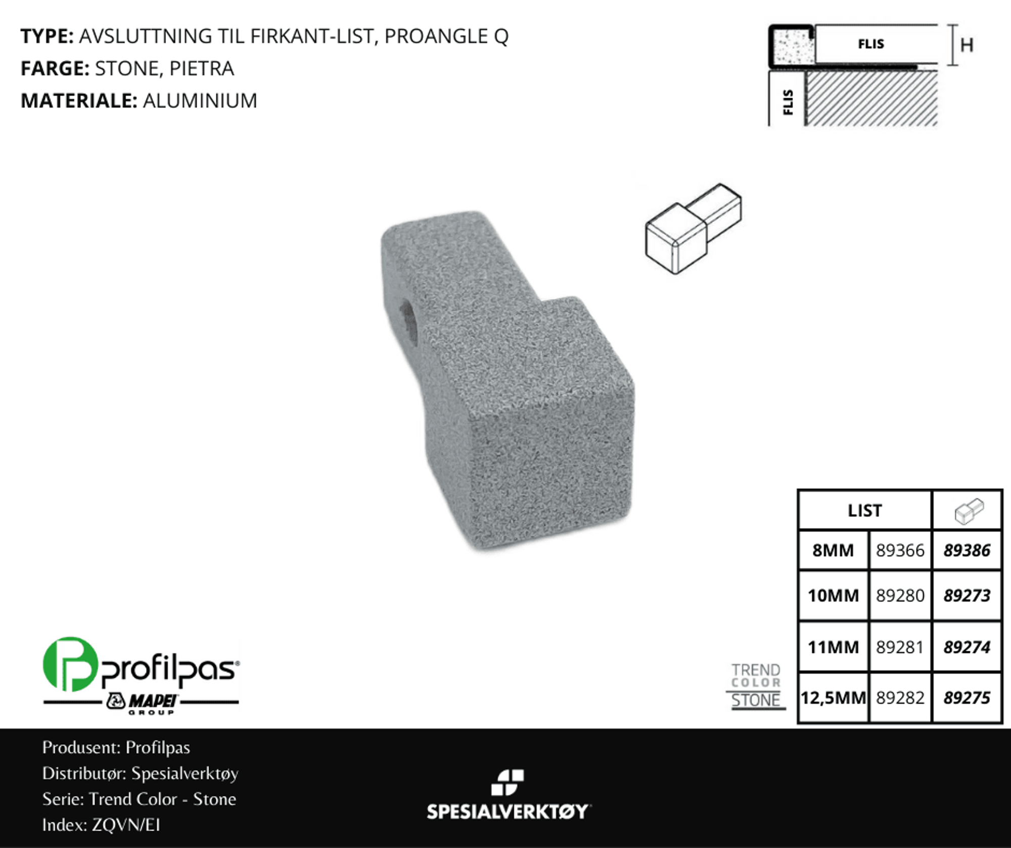 Bilde av 2/3 VEIS HJØRNE FIRKANT ZQVN/11/EI STONE ALUMINIUM STONE 11MM, PROFILPAS