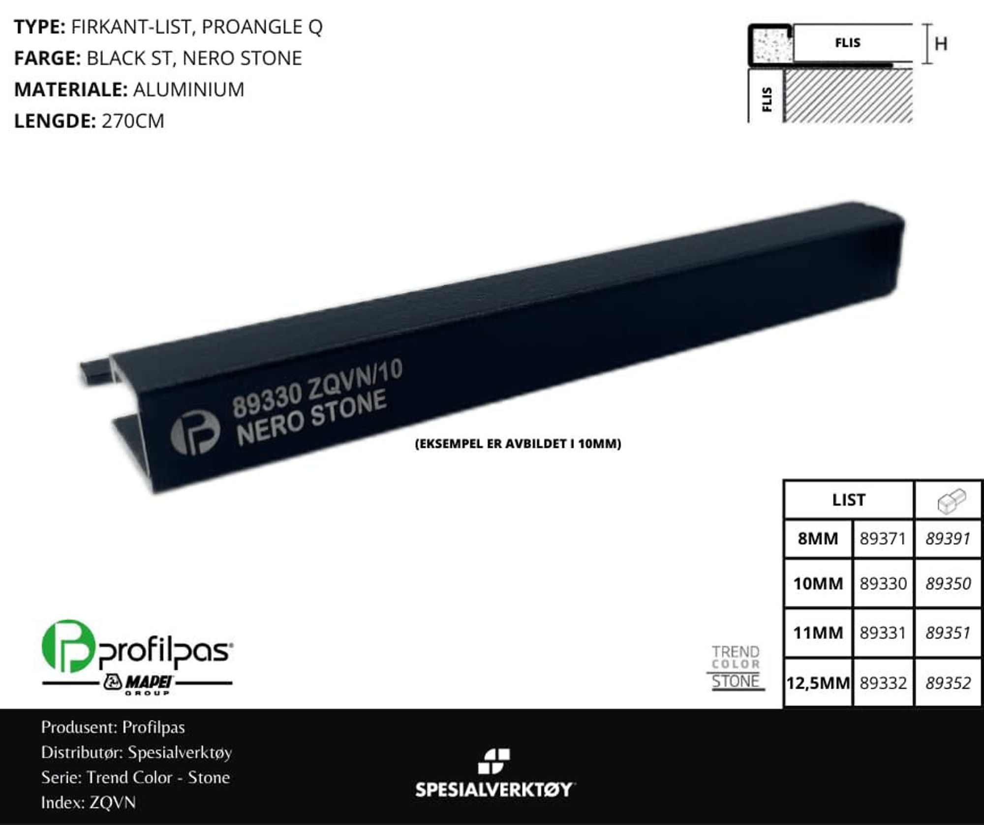 Bilde av HJØRNELIST FIRKANT ZQVN/11 STONE ALUMINIUM BLACK ST 11MMX270CM, PROFILPAS