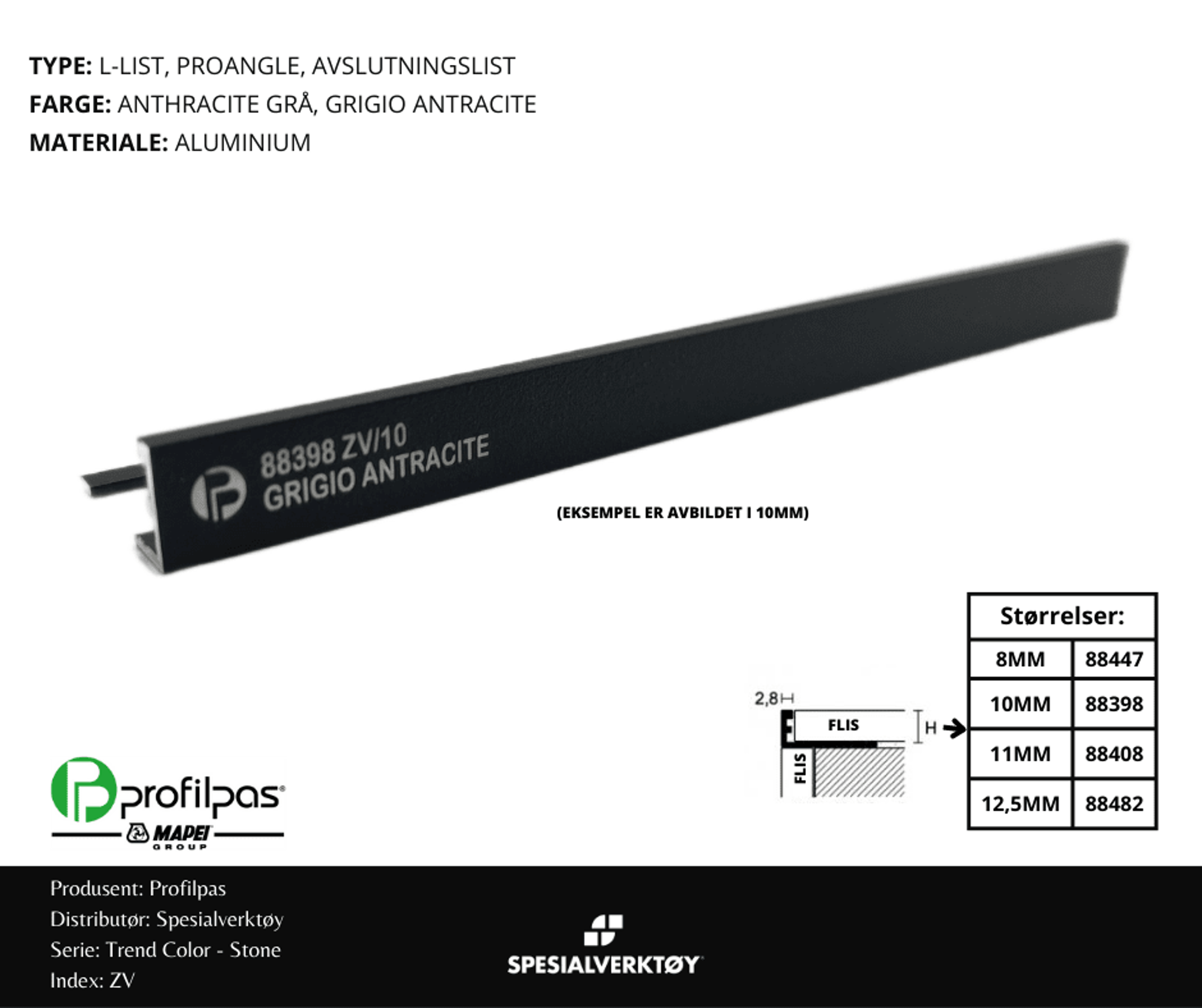 Bilde av AVSLUTNINGSLIST ZV/8 STONE ALUMINIUM ANTRACITE GREY8MMX 270CM, PROFILPAS