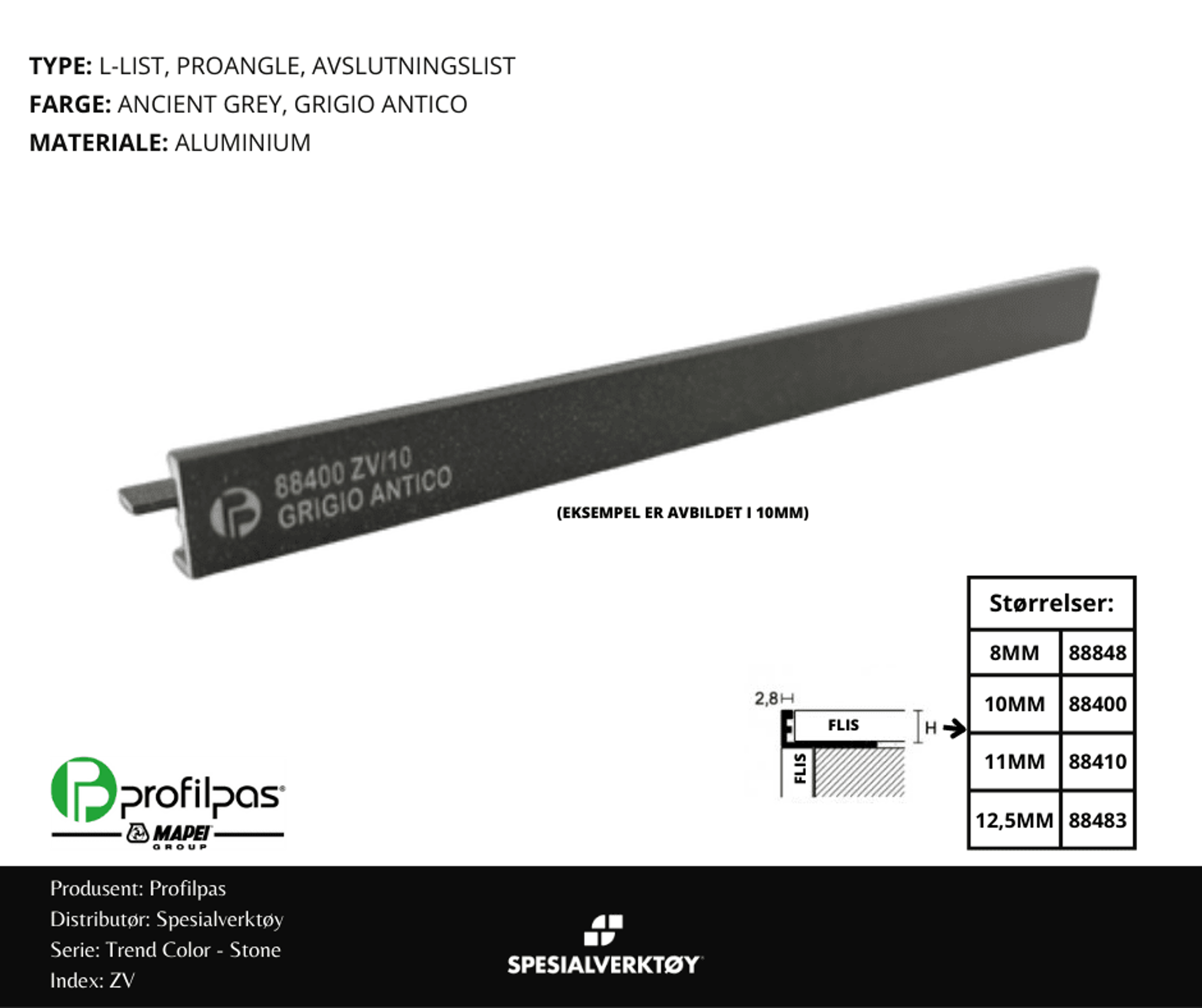 Bilde av AVSLUTNINGSLIST ZV/8 STONE ALUMINIUM ANCIENT GREY 8MMX270CM, PROFILPAS