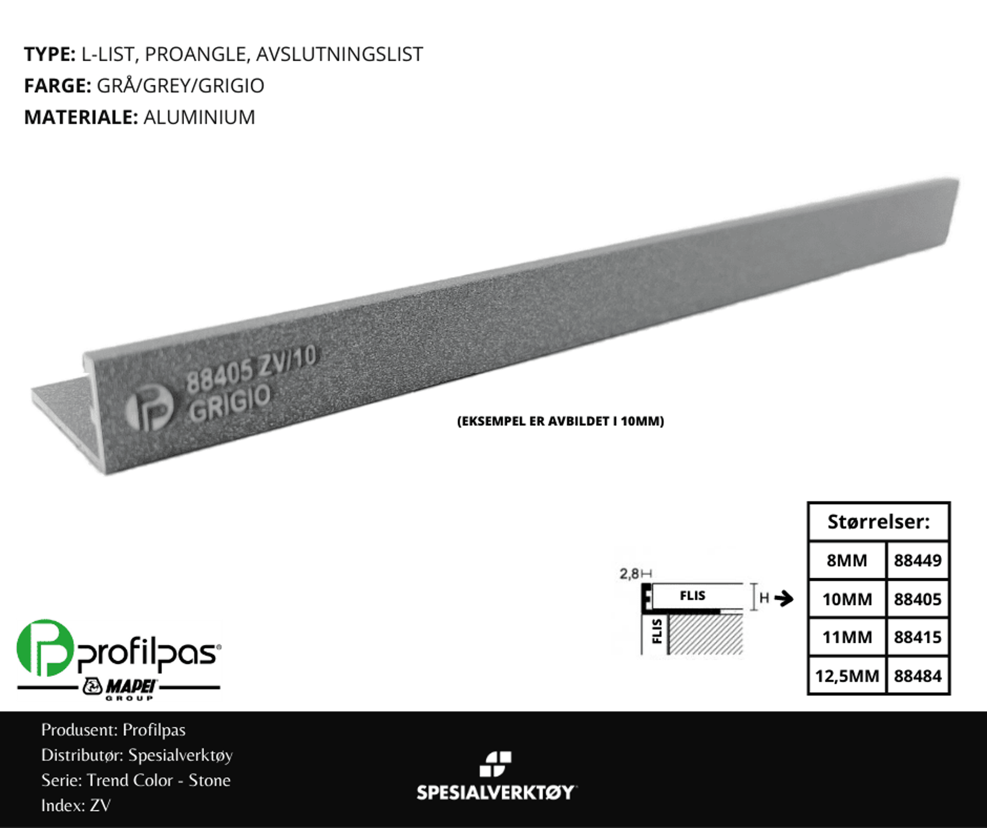 Bilde av AVSLUTNINGSLIST ZV/8 STONE ALUMINIUM GREY 8MMX270CM, PROFILPAS