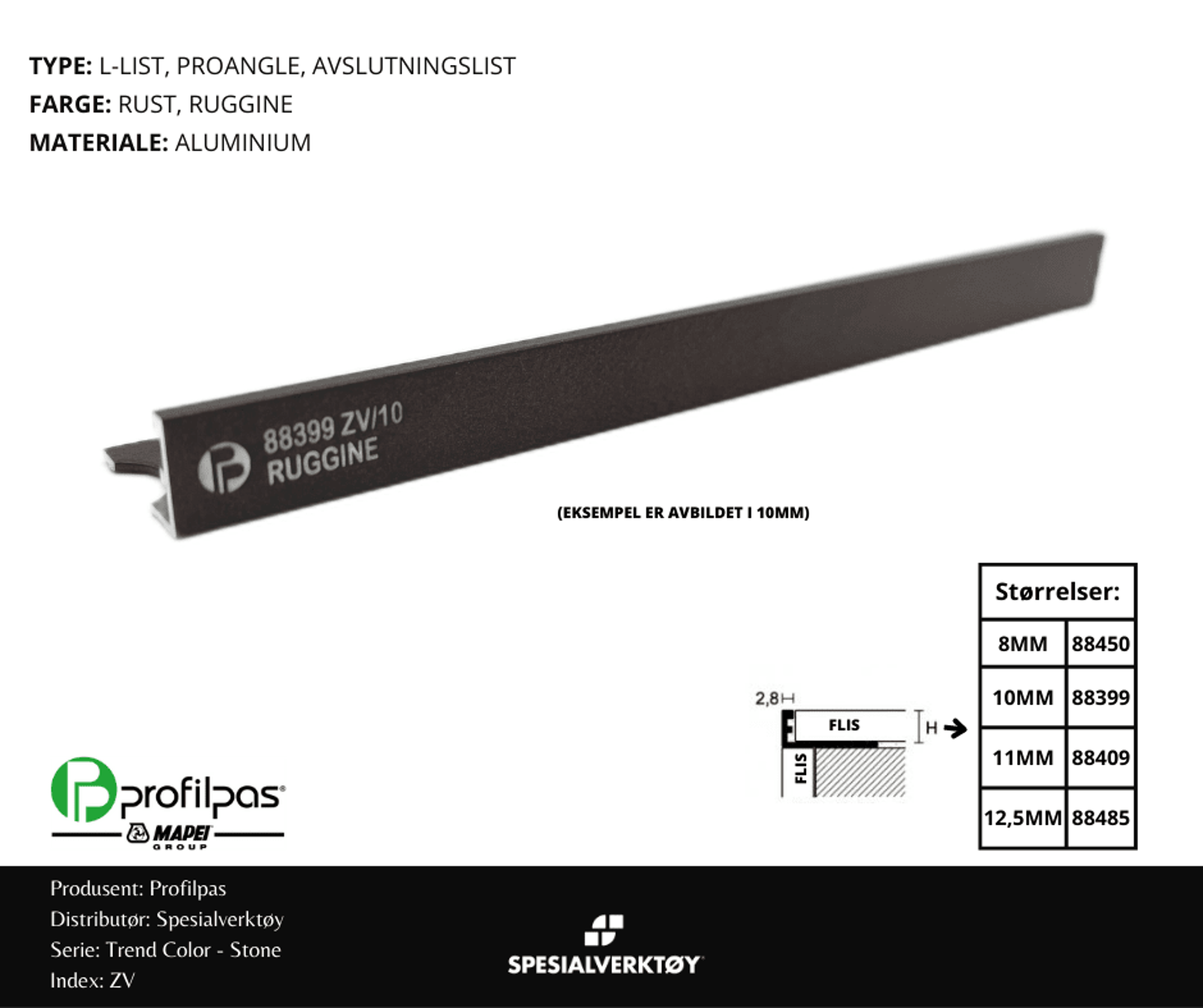 Bilde av AVSLUTNINGSLIST ZV/8 ALUMINIUM RUST 8MMX270CM, PROFILPAS