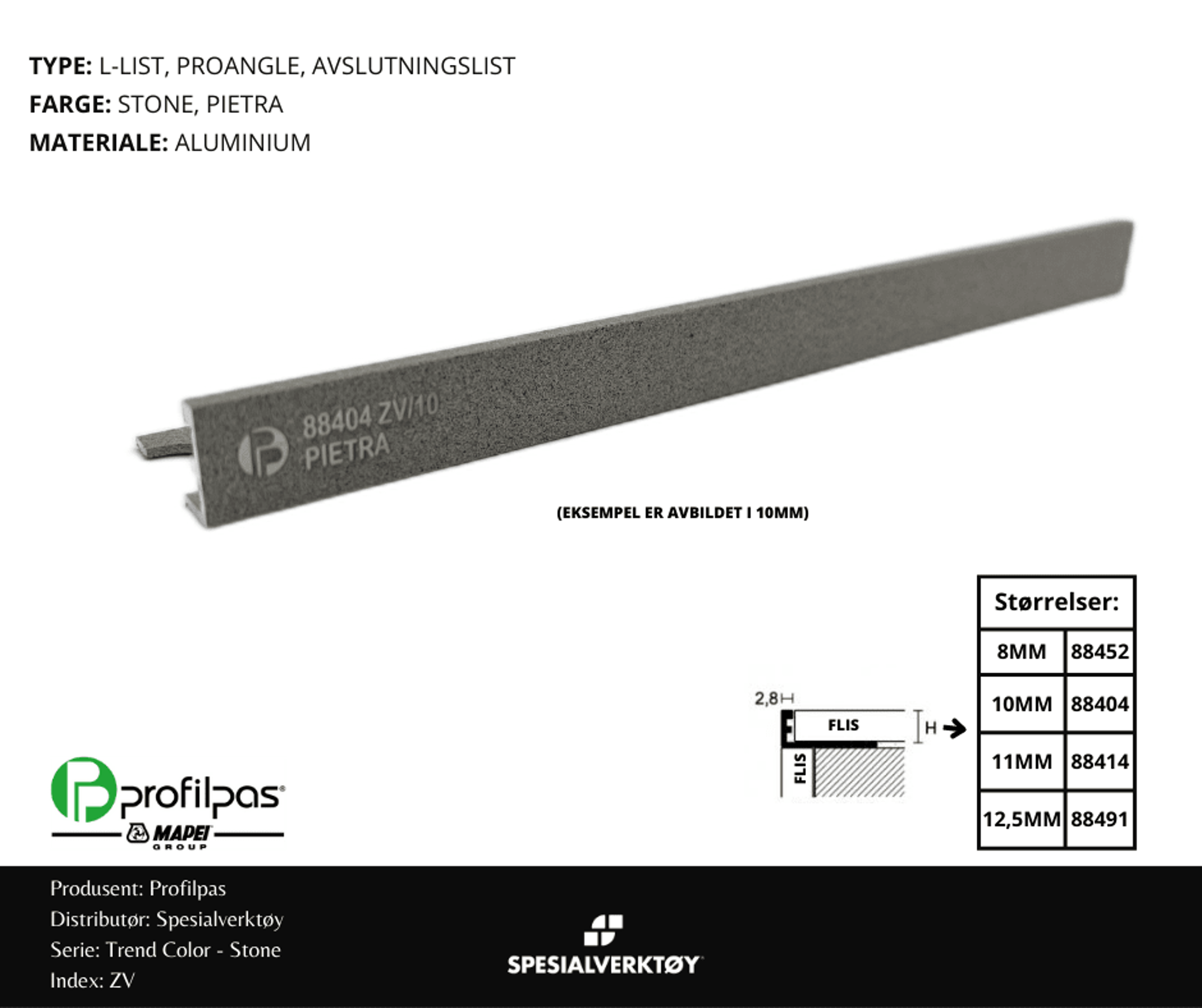 Bilde av AVSLUTNINGSLIST ZV/8 STONE ALUMINIUM STONE 8MMX270CM, PROFILPAS
