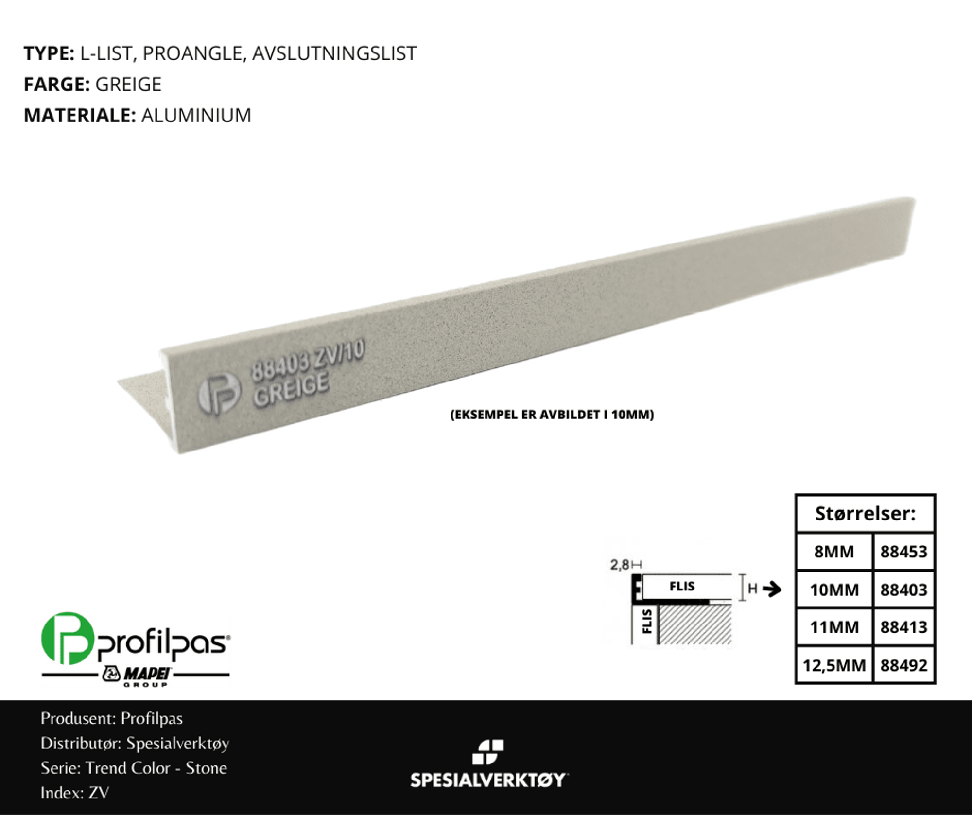 Bilde av AVSLUTNINGSLIST ZV/8 STONE ALUMINIUM GREIGE 8MMX270CM, PROFILPAS