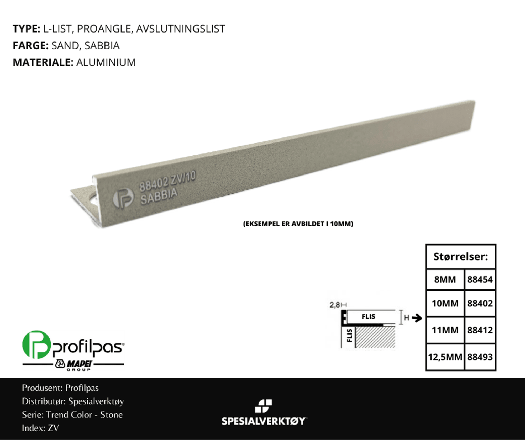 Bilde av AVSLUTNINGSLIST ZV/8 STONE ALUMINIUM SAND 8MMX270CM, PROFILPAS