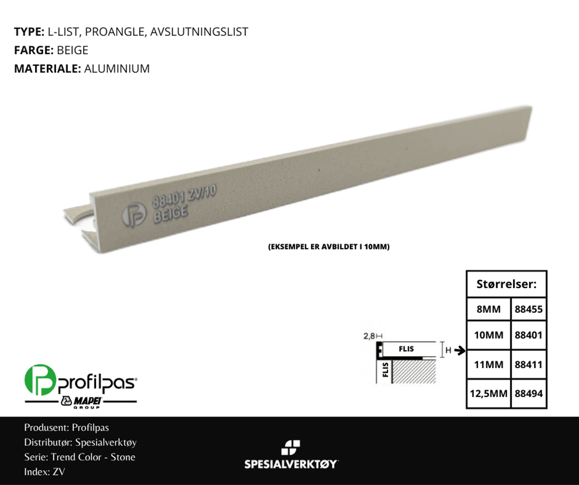 Bilde av AVSLUTNINGSLIST ZV/8 STONE ALUMINIUM BEIGE 8MMX270CM, PROFILPAS