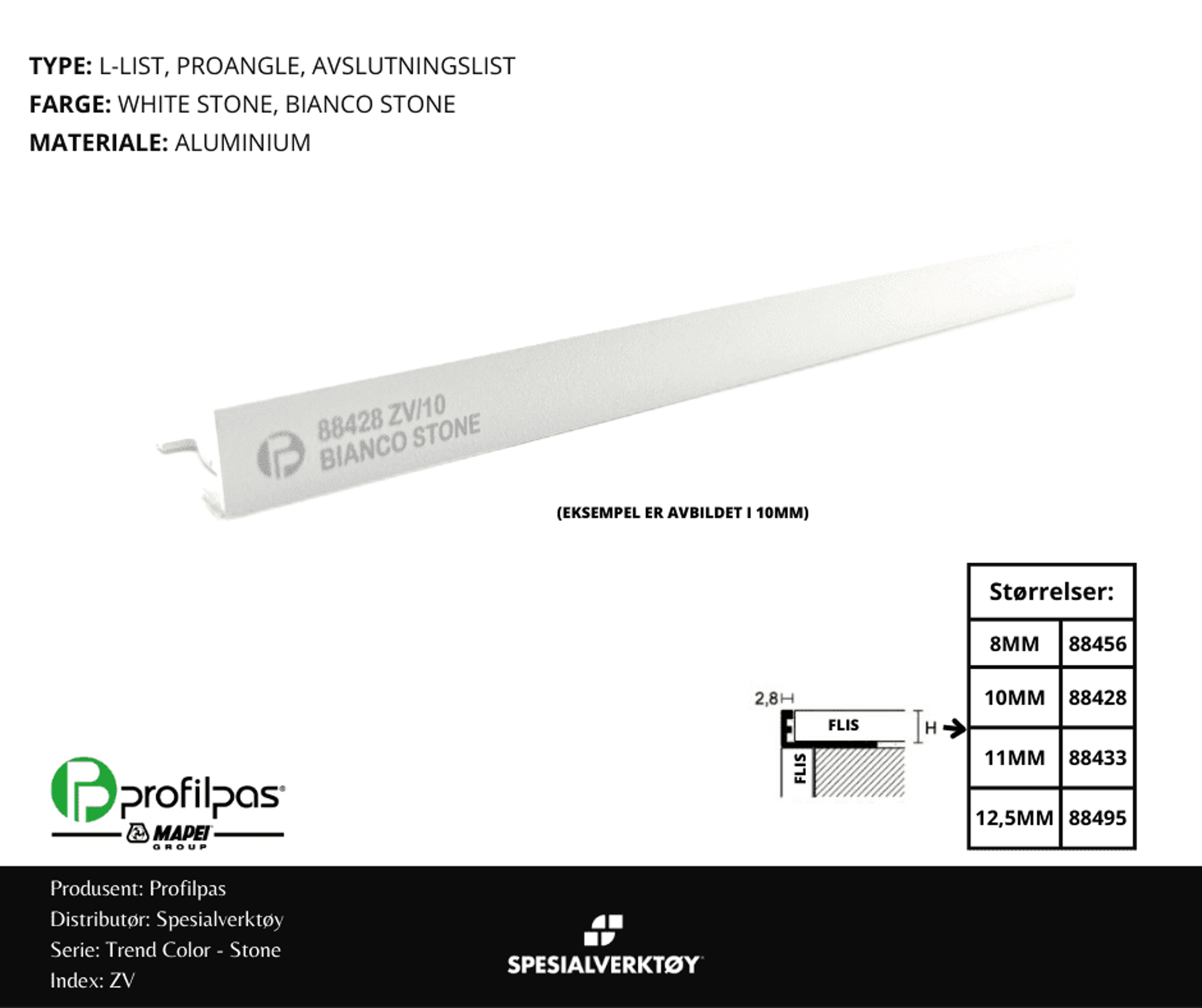 Bilde av AVSLUTNINGSLIST ZV/8 STONE ALUMINIUM WHITE ST 8MMX270CM,, PROFILPAS
