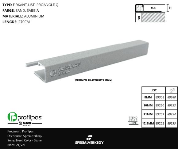 Bilde av HJØRNELIST FIRKANT ZQVN/8 STONE ALUMINIUM SAND 8MMX270CM, PROFILPAS