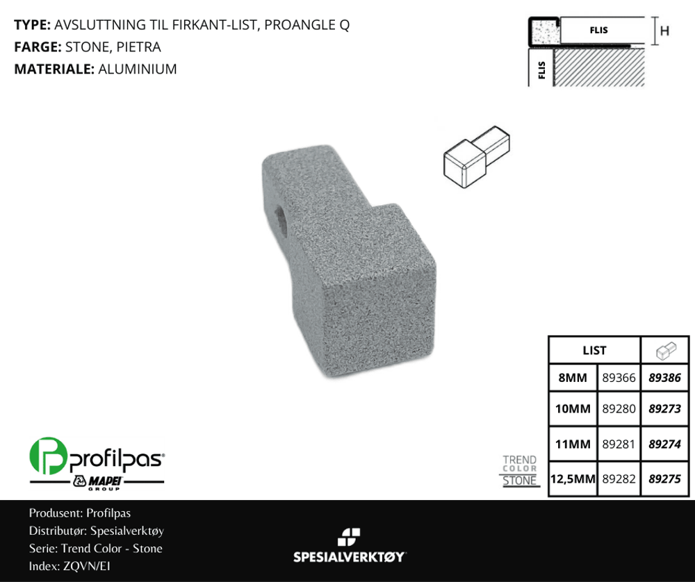 Bilde av 2/3 VEIS HJØRNE FIRKANT ZQVN/8/EI STONE ALUMINIUM STONE 8MM, PROFILPAS