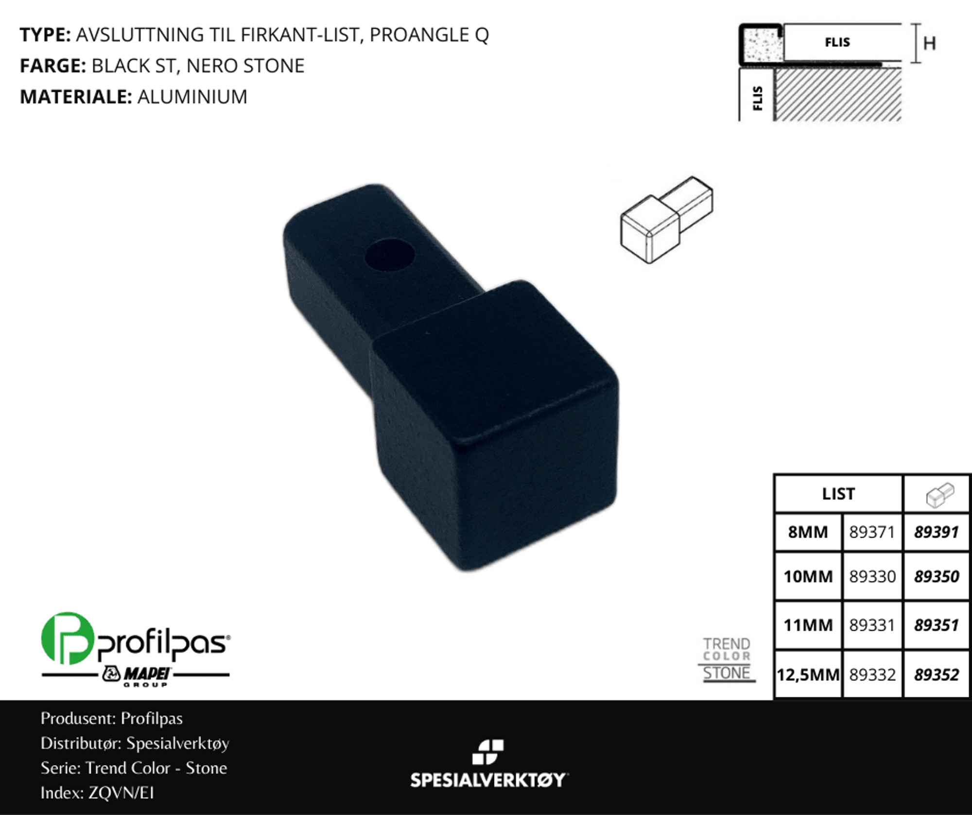 Bilde av 2/3 VEIS HJØRNE FIRKANT ZQVN/8/EI STONE ALUMINIUM BLACK ST 8MM, PROFILPAS