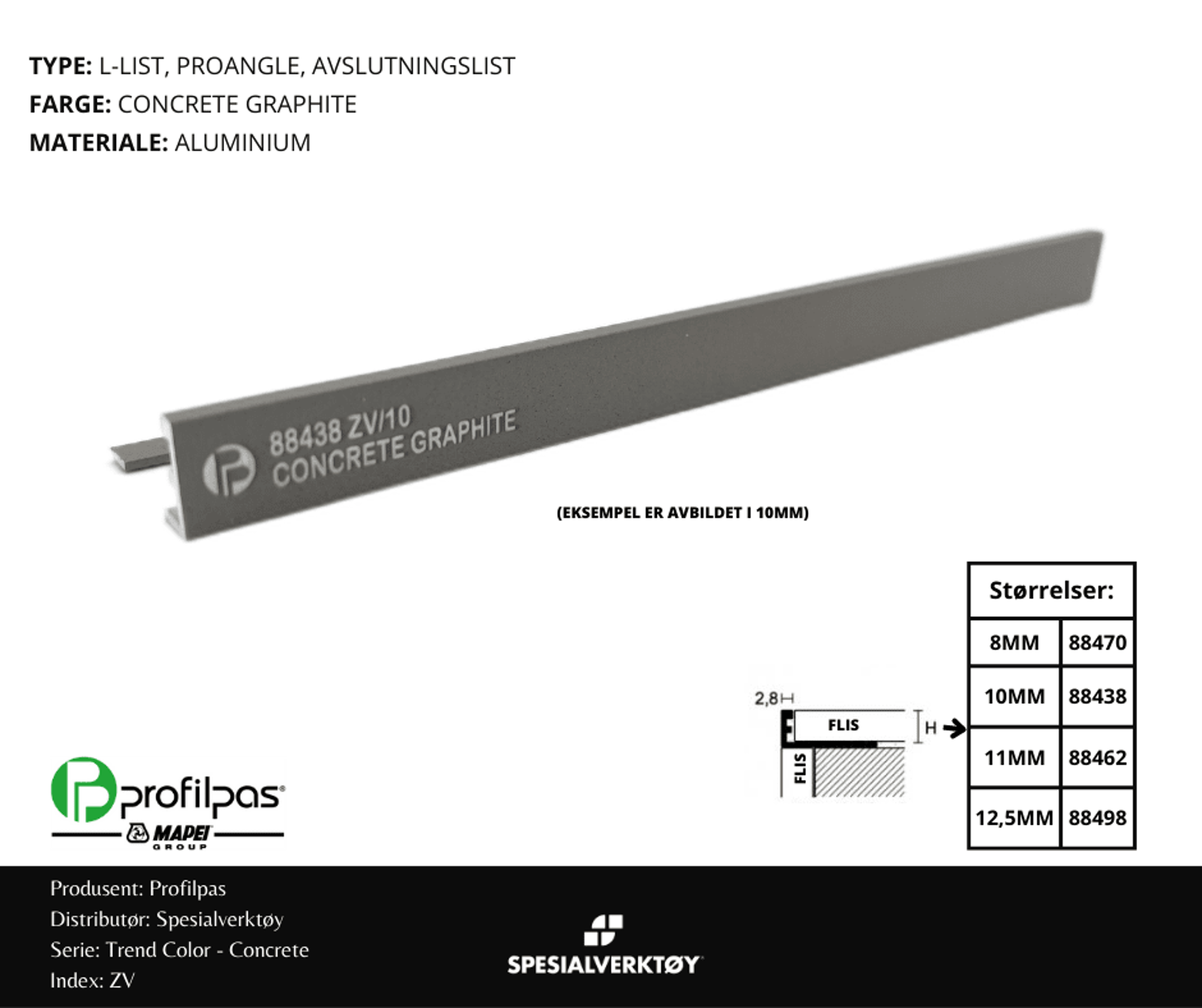 Bilde av AVSLUTNINGSLIST ZV/10 CONCRETE ALUMINIUM GRAPHITE 10MMX270CM, PROFILPAS