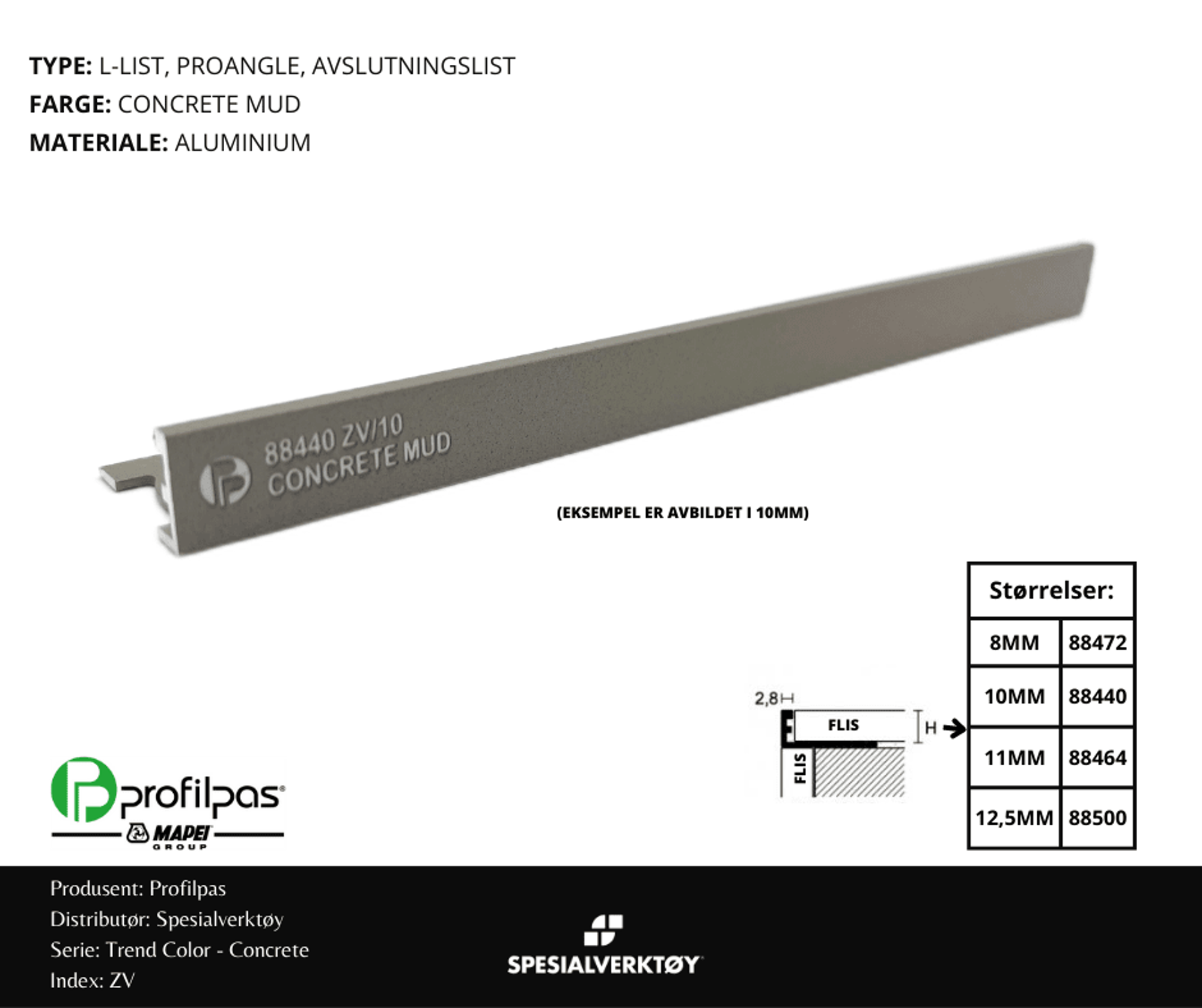 Bilde av AVSLUTNINGSLIST ZV/10 CONCRETE ALUMINIUM MUD 10MMX270CM, PROFILPAS