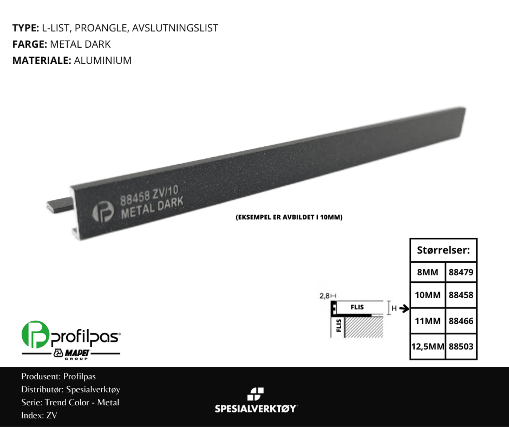 Bilde av AVSLUTNINGSLIST ZV/10 ALUMINIUM METAL DARK 10MMX270CM, PROFILPAS