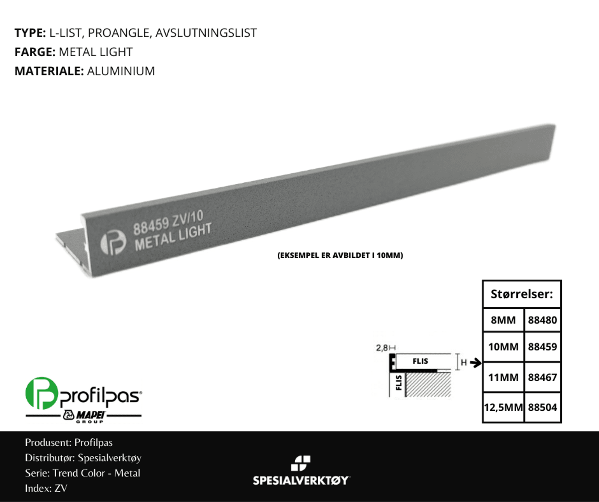 Bilde av AVSLUTNINGSLIST ZV/10 ALUMINIUM METAL LIGHT 10MMX270CM, PROFILPAS
