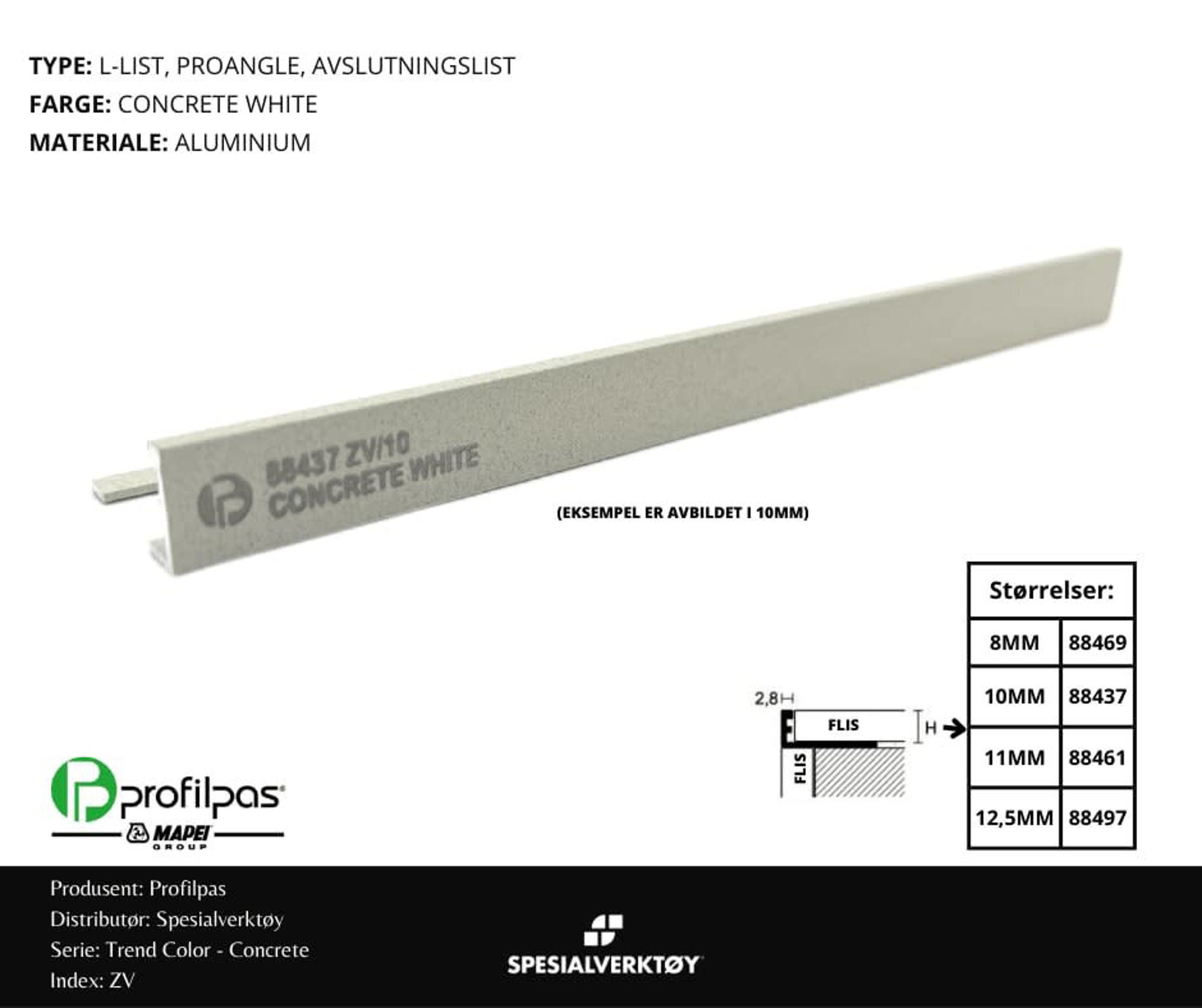 Bilde av AVSLUTNINGSLIST ZV/11 CONCRETE ALUMINIUM WHITE 11MMX270CM, PROFILPAS