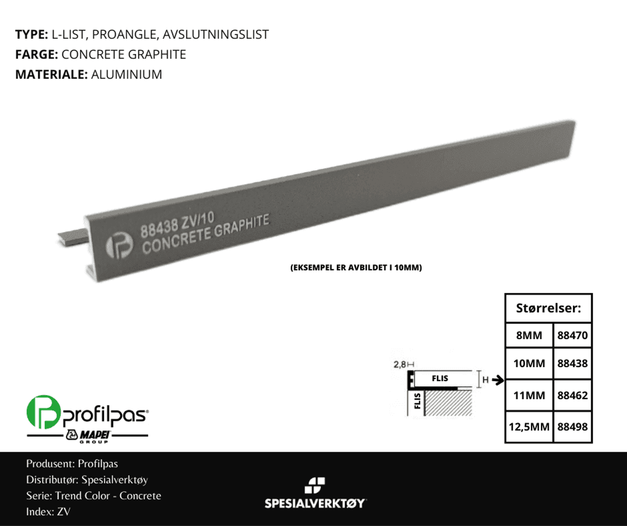 Bilde av AVSLUTNINGSLIST ZV/11 CONCRETE ALUMINIUM GRAPHITE 11MMX270CM, PROFILPAS