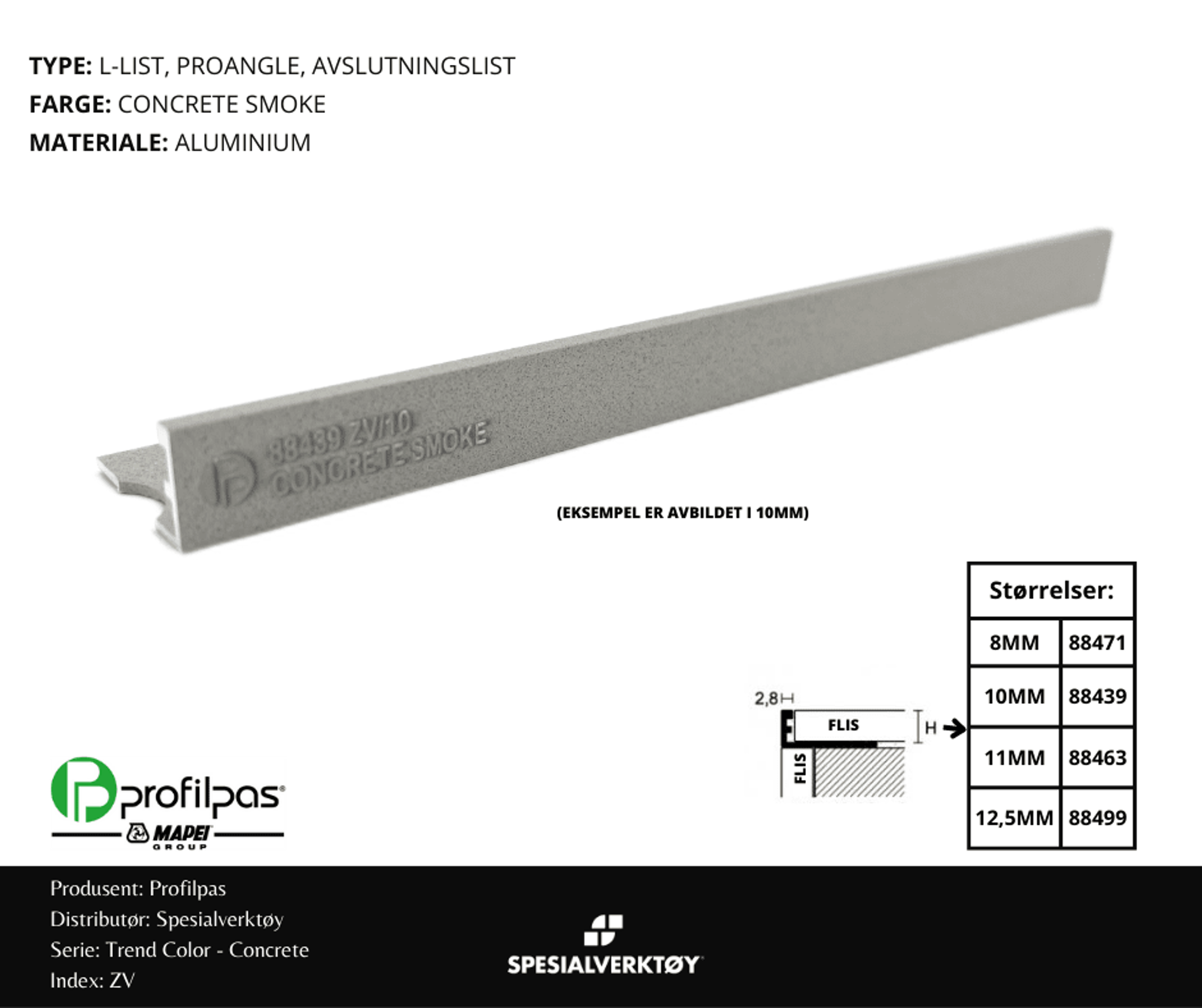 Bilde av AVSLUTNINGSLIST ZV/11 CONCRETE ALUMINIUM SMOKE 11MMX270CM, PROFILPAS