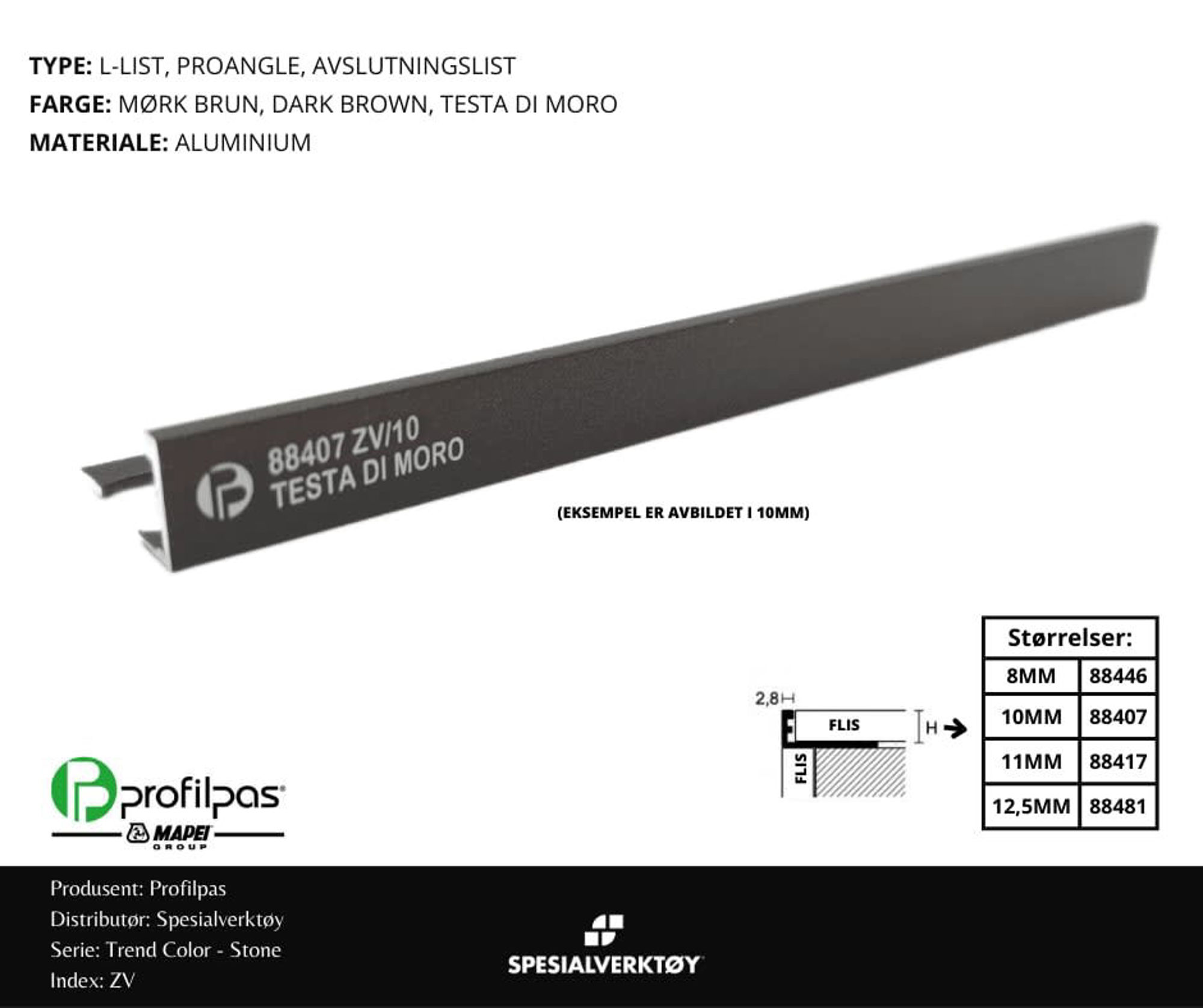 Bilde av AVSLUTNINGSLIST ZV/12,5 STONE ALUMINUM DARK BROWN 12,5MMX270CM, PROFILPAS
