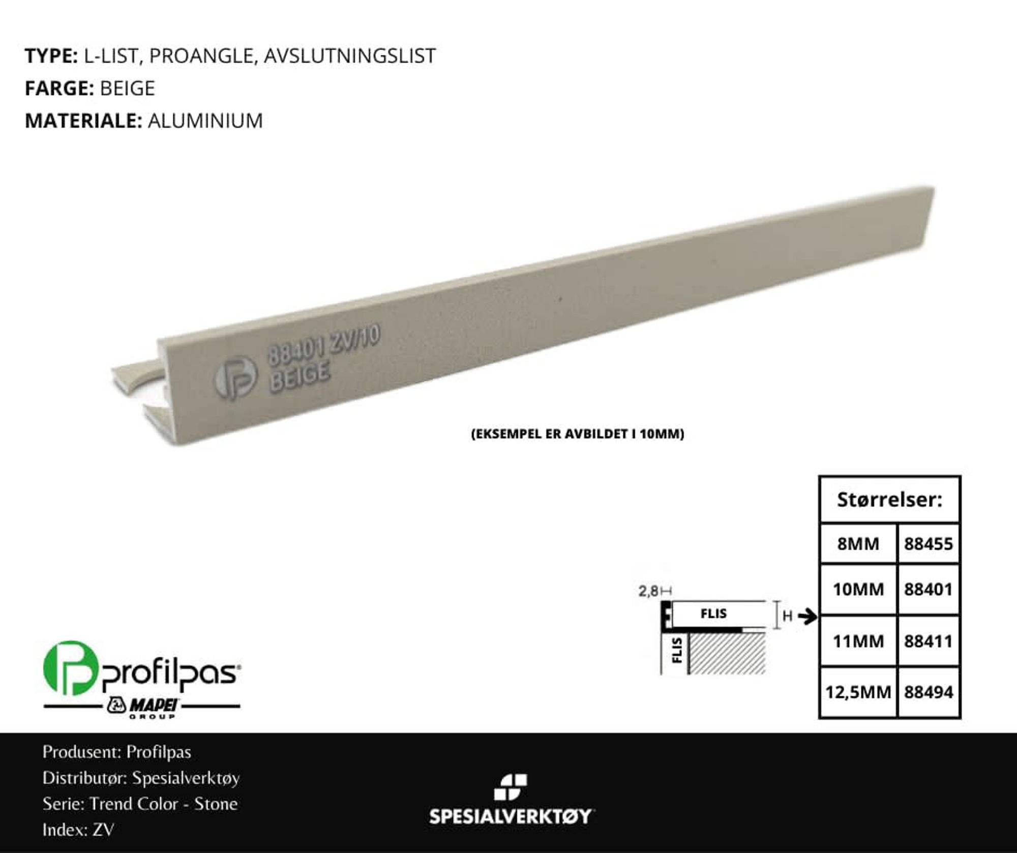 Bilde av AVSLUTNINGSLIST ZV/12,5 STONE ALUMINIUM BEIGE 12,5MMX270CM, PROFILPAS