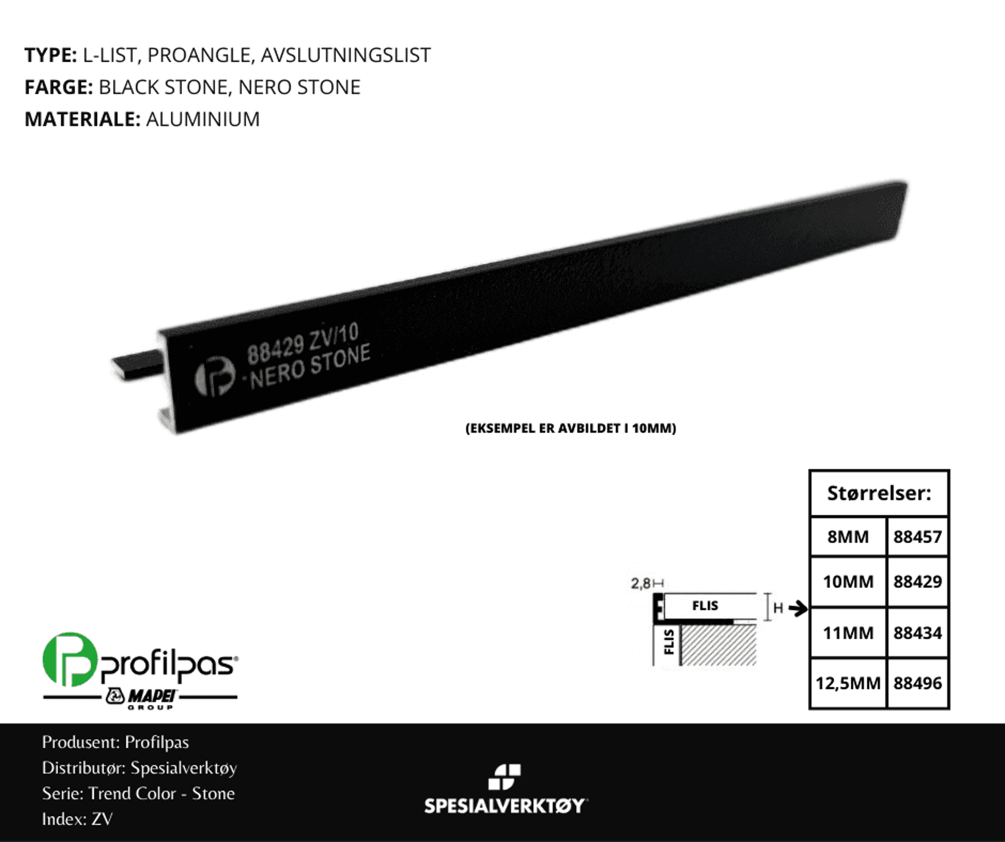 Bilde av AVSLUTNINGSLIST ZV/12,5 STONE ALUMINIUM BLACK ST 12,5MMX270CM, PROFILPAS