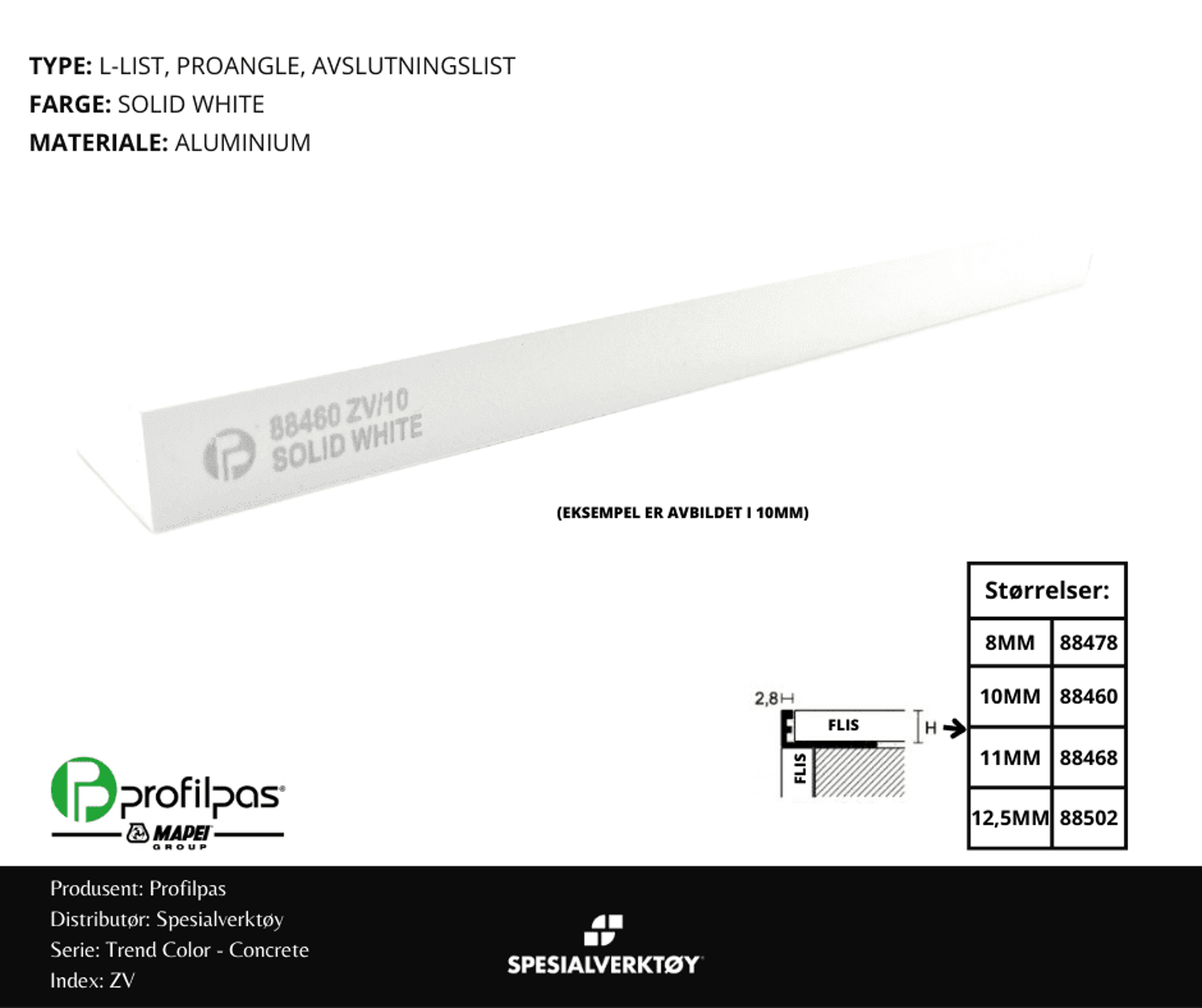 Bilde av AVSLUTNINGSLIST ZV/8 CONCRETE ALUMINIUM SOLID WHITE 8MMX270CM, PROFILPAS